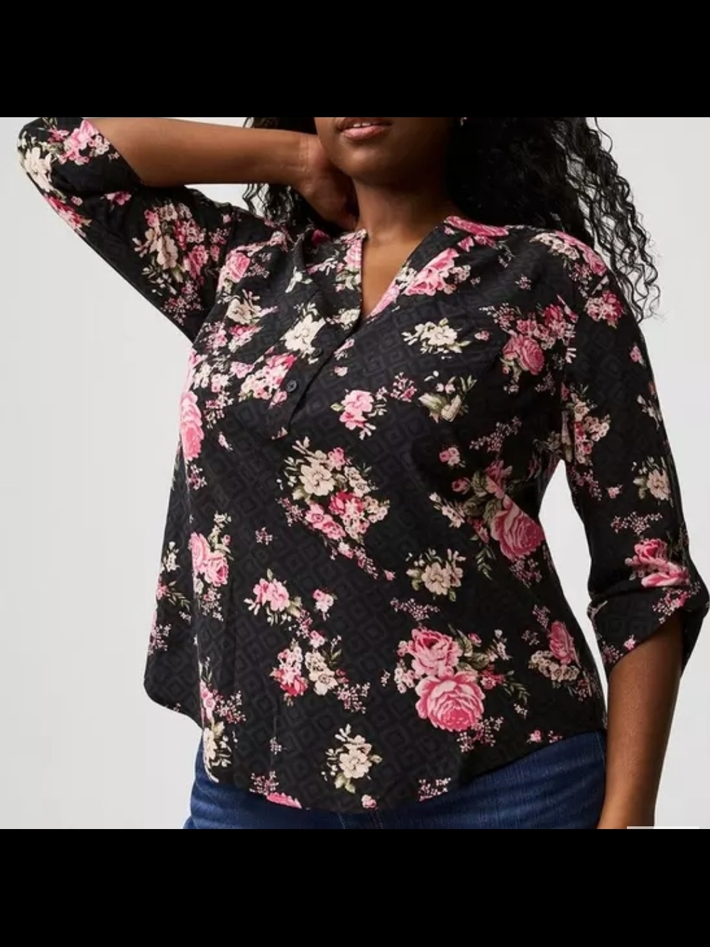 torrid Harper Challis Black Floral Button-Front Blouse with Pink Roses